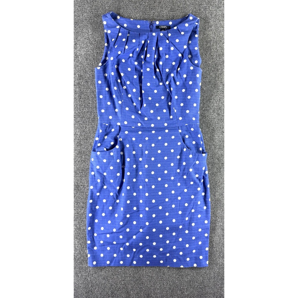 Chaps Blue Polka Dot Sleeveless Sheath Dress with Pockets Womens Size 8